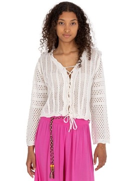 Krótki Sweter damski ażurowy z wiązaniem boho