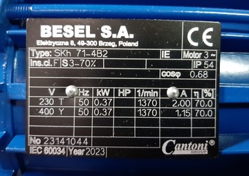 Двигатель BESEL 0,37 кВт, 400 В, редуктор, 140 об/мин.