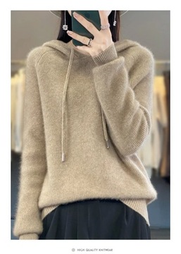 100% Merino Wool Sweater Slim Hooded Women Clothin