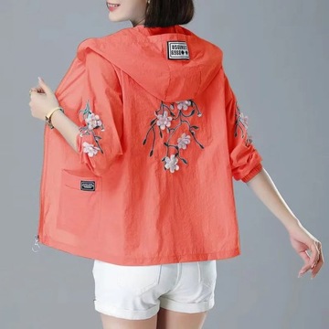 Embroidery Print Hooded Thin Coat Spring Summer Ov