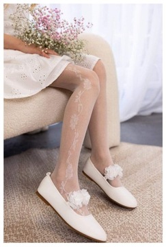 ДЕТСКИЕ КОЛГОТКИ, БЕЛЫЕ ТОНКИЕ, 20 ден, ЦВЕТОЧНЫЙ ДЕКОРАЦИОН, 134-140 FUNPOL