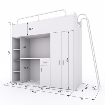 Двухъярусная кровать JSM4 80х190 см со шкафом, письменным столом и лестницей, белый матовый