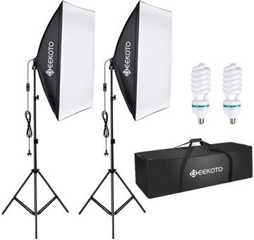 ZESTAW OŚWIETLENIOWY FOTOGRAFICZNY SOFTBOX 2x STATYW ŻARÓWKA GEEKOTO 50x70