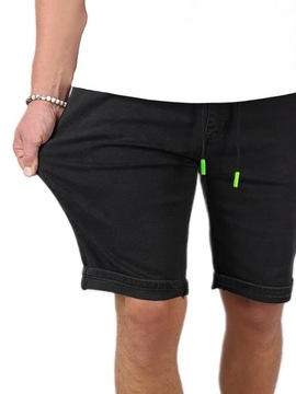 SPODENKI męskie CZARNE JEANSOWE krótkie spodnie rozciągliwe PAS z GUMKĄ XL