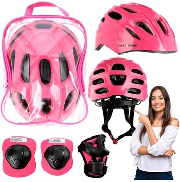Комплект: шлем + защита, размер S, розовый + однотонный рюкзак, комплект для катания на роликовых коньках.
