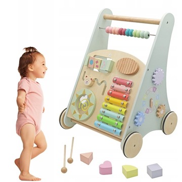 DREWNIANY CHODZIK PCHACZ MANIPULACYJNY 8w1 Jeździk SORTER BABYBOY Miętowy