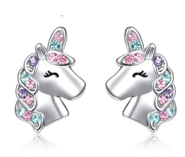 KOLCZYKI SREBRNE 925 JEDNOROŻCE Z CYRKONIAMI