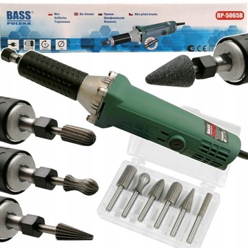 BASS POLSKA SZLIFIERKA PROSTA TRZPIENIOWA 6mm PALCOWA 600W + FREZY ZESTAW
