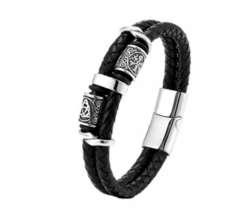Черный кожаный мужской браслет из скандинавской косы с магнитным ремешком