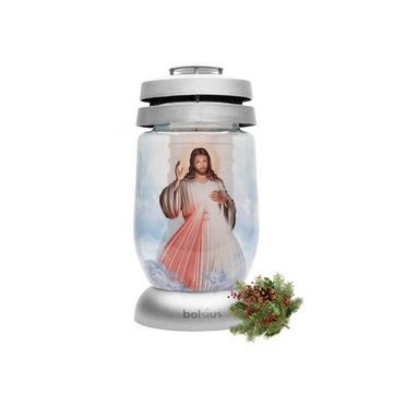 ZNICZ SZKLANY BOLSIUS Z JEZUSEM BIAŁY OZDOBNY DUŻY 23,5 CM + WKŁAD GRATIS
