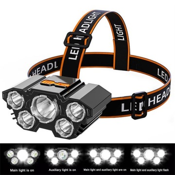 Strong Light Headlight Led Five Head Lamp USB Rechargeable Flashlight