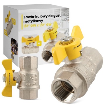ZAWÓR KULOWY GAZU 1/2 GW KUREK GAZOWY Instalacji Gazowej Mosiężny MOTYLEK