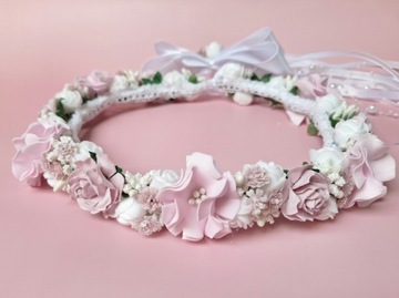 Wianek komunijny do komuni biało różowy z fioletem gipsówka Angel Lilla