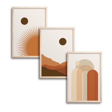 3x 30x40 CM ZESTAW TRZY OBRAZ PLAKAT W RAMIE DREWNIANEJ BOHO SŁOŃCE TRYPTYK