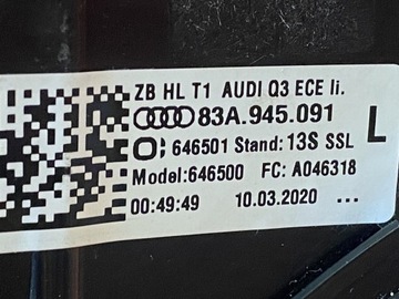AUDI Q3 83A SVĚTLO LEVÝ ZADNÍ LED DYNAMICKÁ 83A945091