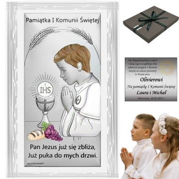 PAMIĄTKA KOMUNII ŚWIĘTEJ Srebrny Obrazek na Komunię dla chłopca z grawerem