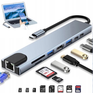 STACJA DOKUJĄCA 8W1 Z 4K HDMI TYPC 100W PD PORT USBC 3.0 CZYTNIK KART SD/TF