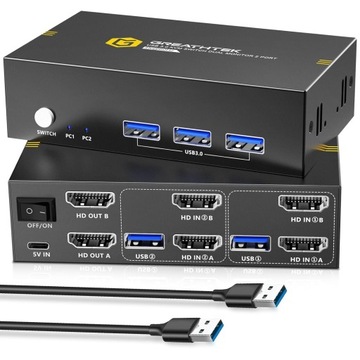 Przełącznik KVM GREATHTEK GHT-S7232H2 HDMI USB3.0, 2xPC 2xMonitor, 4K@60Hz