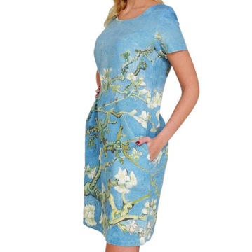 Sukienka 100% len midi Vincent Van Gogh Almond Blossom turkusowa Kr r.36