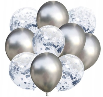 Balony z konfetti ZESTAW srebrny chrom 10szt