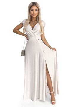 Sukienka elegancka maxi z rozcięciem długa z krótkim rękawem błyszcząca