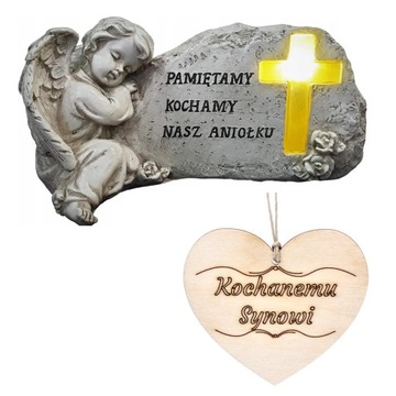 Znicz Figurka ANIOŁ STRÓŻ na grób SYNA Podświetlany Krzyż