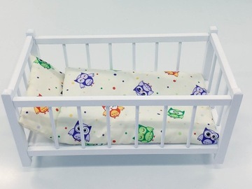 BIAŁE DREWNIANE ŁÓŻECZKO DLA LALEK + POŚCIEL 3 elementy