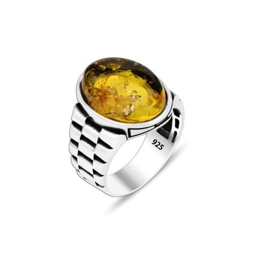 Natural Amber Stone 925 Sterling Silver Men's Ring