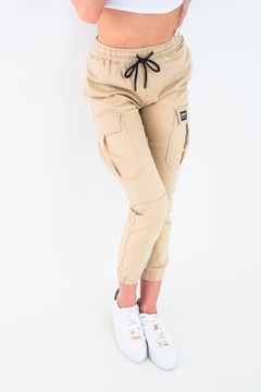 Damskie beżowe spodnie bojówki z kieszeniami CARGO ze ściągaczami M
