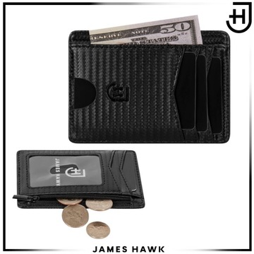 Skórzany portfel męski Slim Ultracienki 0,3 cm Transparentna kieszeń Czarny