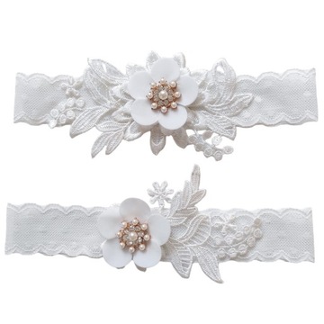 Podwiązka ślubna kwiaty cyrkonie perełki elegancka na ślub biała tasiemka