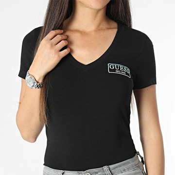 Guess t-shirt koszulka damska czarna v-neck bawełniana logo W3YI38 XS
