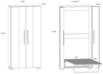 Полутораспальная раскладная кровать, спрятанная в шкаф T90 c.t