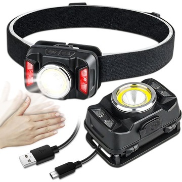 MOCNA Latarka Czołowa Akumulator Lampa Czołówka LED na Głowę CZUJNIK RUCHU