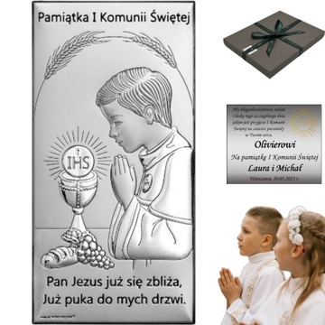 PAMIĄTKA KOMUNII ŚWIĘTEJ Srebrny Obrazek na Komunię dla chłopca z grawerem