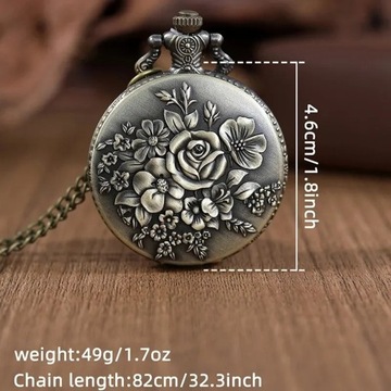 Zegarek Kieszonkowy Brązowy - Kwiaty / Róże + Łańcuszek - Pomysł na Prezent