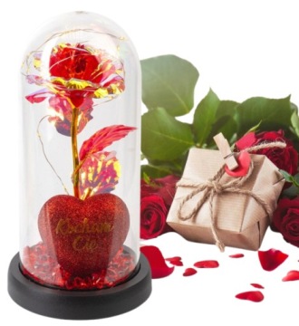 WIECZNA RÓŻA w KOPULE z SERCEM WALENTYNKI PREZENT światło LED Premium