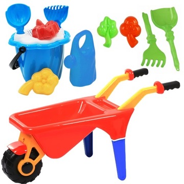 ZESTAW TACZKA DLA DZIECI + ZESTAW DO PIASKU + KONEWKA + ŁOPATKA + FOREMKI