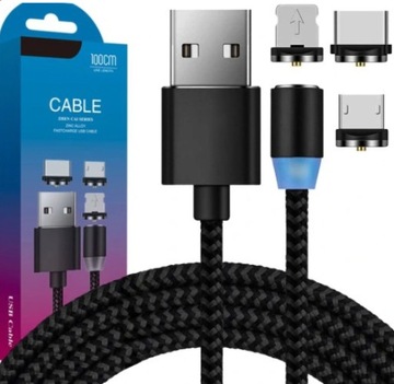 KABEL MAGNETYCZNY 3x1 IPHONE USB MICRO C ŁADOWARKA