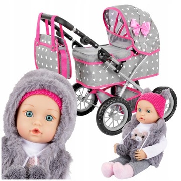 KINDERPLAY WÓZEK DLA LALEK GŁĘBOKI GONDOLA SKŁADANY TORBA + LALKA BOBAS