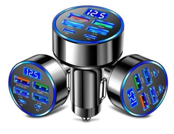 Cyfrowa Ładowarka samochodowa 4x USB A 2x USB C QC 3.0 100W