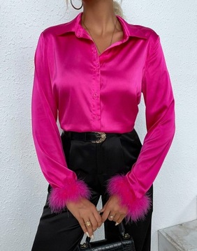 Shein NI3 qgz ružová saténová košeľa gombíky perie L