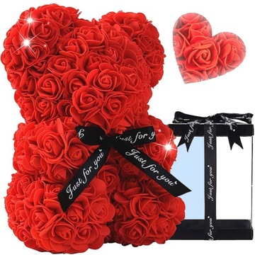 DUŻY MIŚ PREZENTOWY z płatków RÓŻ 25cm z kokardą GIFT BOX bear WIECZNA róża