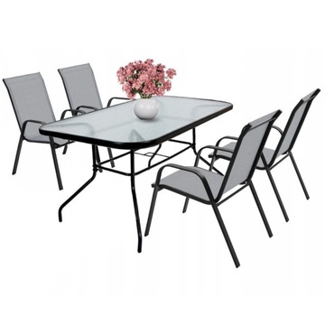 КОМПЛЕКТ САДОВОЙ МЕБЕЛИ БОЛЬШОЙ СТЕКЛЯННЫЙ СТОЛ + 4 САДОВЫХ СТУЛЬЯ ТЕРРАСА БАЛКОН