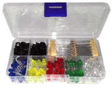 ZESTAW DIODY LED 5mm BIAŁE I KOLOROWE REZYSTORY OPRAWKI ORGANIZER