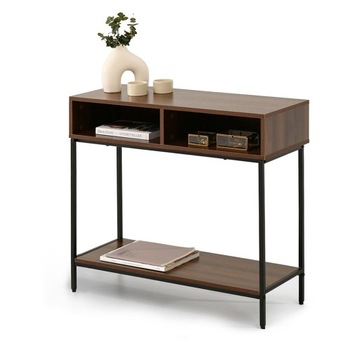 DREWNIANA KONSOLA PRZYŚCIENNA Z PÓŁKAMI FRIDA ORZECH PODSTAWA CZARY MATAL