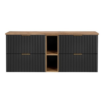SZAFKA ŁAZIENKOWA WISZĄCA CZARNA 140 CM Z BLATEM W KOLORZE DĄB WOTAN