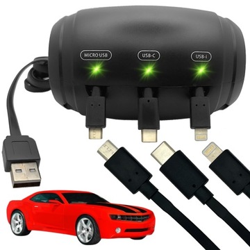Ładowarka Samochodowa Zwijany Kabel 3w1 USB C Micro do IPHONE
