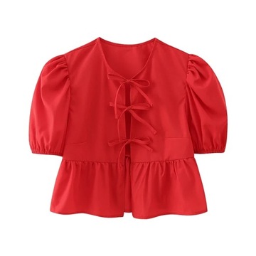 Solid Short Puff Sleeve Shirt Women O-neck Pleated