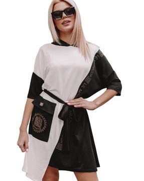 Sukienka Matylda z kapturem czarno-biała L